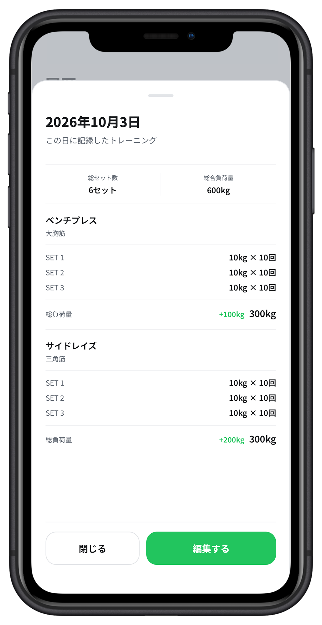 選択した日付のトレーニング詳細画面。